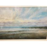 Dorien Fenwick, pastel, coastal seascape looking south to Bamburgh, signed, mounted & framed. (