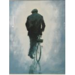 Alexander Millar, coloured lithograph, capped gadgey with bicycle, mounted and contemporary framed