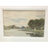 AJ Simpson, watercolour, Tweed river landscape view with fishermen, cottage and fishing bothies,