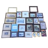 A box of old framed prints, Eyemouth views, landscapes, carved old frames, some signed, pairs,