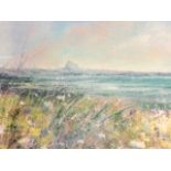 Doreen Fenwick, pastel, coastal seascape looking north to Bamburgh with wild flowers to