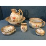 A Victorian Royal Doulton wash set with jug & basin, potty, brush pot, soap dish & cover and