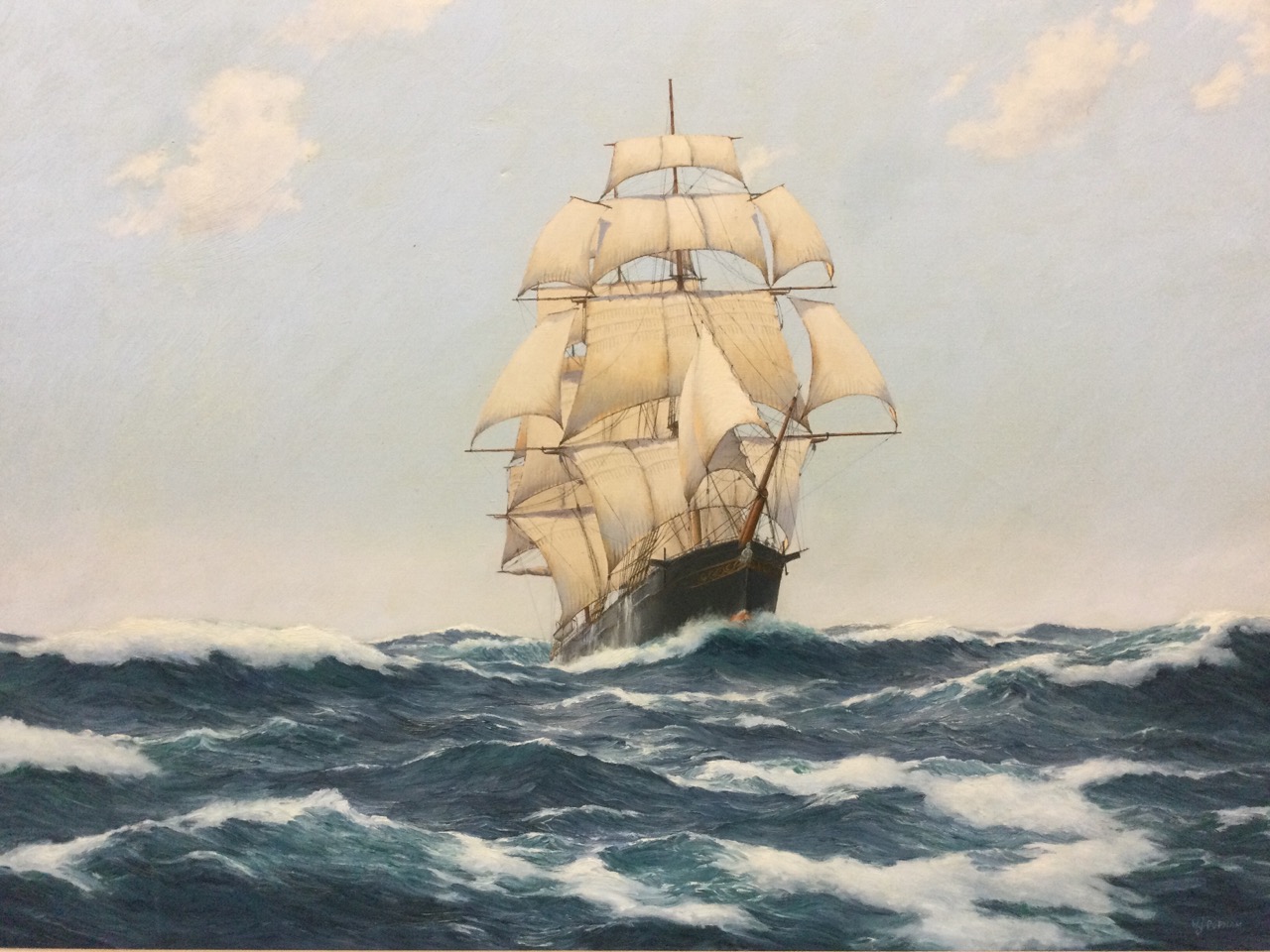 WJ Popham, oil on canvas, Victorian tall ship in choppy seas titled The Lightning, artists details