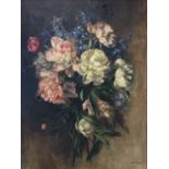 AD Muir, oil on canvas, still life with flowers, signed & framed - holed. (17.5in x 23.75)