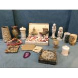 Various stone pieces including carved figures, alabaster, vases, ashtrays, minerals, etc; two horn