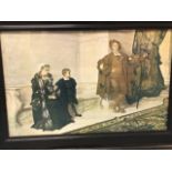 A Shakespearean print, the interior scene with seated mother and child beside a courtier with spear,
