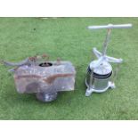 An aluminium framed cider press with tubular stainless steel pan & sieve, supported on three