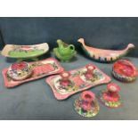A collection of Maling pottery with candlesticks, a small jug & basin, boat shaped bowls, trays, a