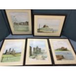 G Tiltman, oils on boards, a set of five castle landscapes, Alnwick, Lindisfarne, Dunstanburgh,