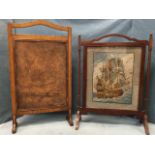 An oak framed firescreen with embossed leather panel of kingfishers; and a mahogany firescreen