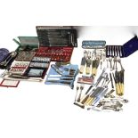 Miscellaneous silver plated flatware including cased sets, horn handled knives & forks, teaspoons,