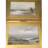 David West, watercolours, a pair, river landscape and coastal view with estuary stream and boat,