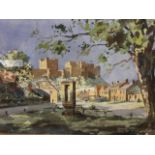 Ronald Moore, watercolour, village streetscape of Bamburgh with figures, signed, mounted &