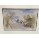 John Blair, watercolour, village street landscape with figures, titled Whitsome and signed,