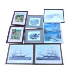 A pair of Ronald Moore framed prints of Warkworth & Craster; a pair of framed embroidered and