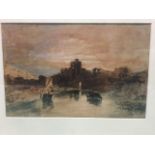Nineteenth century watercolour, Norham Castle with cattle watering and fishermen in boat,