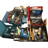 A quantity of tools including cased drills, a boxed Bosch jigsaw, a metal concertina type toolbox