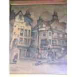 Campbell, pencil & watercolour, study of John Knoxs house in Edinburgh with figures and dog,