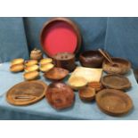 Miscellaneous turned hardwood bowls including Danish rosewood, a cheeseboard, salad bowls with