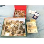 A collection of coins - mainly GB, old copper, crowns, silver sixpences, a 10 shilling note, three-