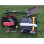A diamond wet wheel tile cutter; a bag of miscellaneous tools - chisels, pliers, clamps, etc; and