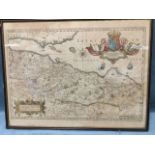 An eighteenth century framed Pont map of the Lothian Shires, the two plate print with hand