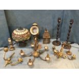 Miscellaneous lighting including a pair of tablelamps with copper style bobbin columns, a leaded