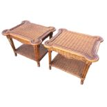 A pair of rectangular cane coffee tables, the tray tops with projecting rounded corners raised on