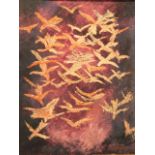 Emily Reed, oil on canvas, flock of birds, signed, titled to stretcher verso Migration, framed. (
