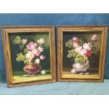 Oils on canvas, a pair, still lifes with vases of flowers, unsigned, in pine frames with gilt
