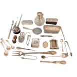 Miscellaneous hallmarked silver including an atomiser scent bottle, a pair of spoons, sugar nips,