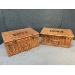 A pair of Fortnum & Mason cane picnic hampers with leather straps. (20in) (2)