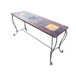 A contemporary rectangular hall table with panel of rough-glazed tiles to top in stained frame,