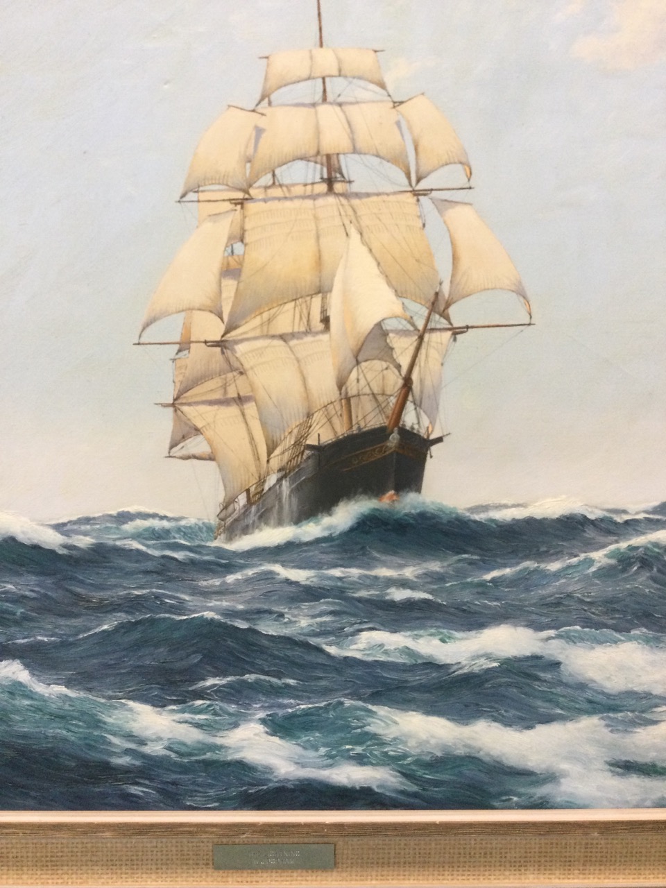 WJ Popham, oil on canvas, Victorian tall ship in choppy seas titled The Lightning, artists details - Image 3 of 3