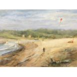 Ducat, oil on board, beach scene with figures and kite flier, labelled to verso Alnmouth Beach,
