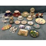 Miscellaneous ceramics including cabinet cups & saucers, enamelled dishes, porcelain horses, a Royal