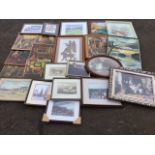 A box of miscellaneous framed pictures & prints - landscapes, a moonlight oil, Vernon Ward, gilt