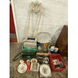 Miscellaneous collectors items including commemorative ceramics, a compressor, a faux skeleton,