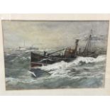 James B Kinnes, watercolour, fishing boats in choppy seas with seagulls and figures on deck, signed,