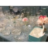 Miscellaneous glass including bowls, vases, two sets of dessert bowls, jugs, storage jars, dishes,