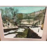 Jack Firth, watercolour with bodycolour, winter park scene with distant terraced houses, titled to