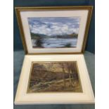 P Campbell, watercolour, river landscape with trees, titled to label verso River Almond 1898, in