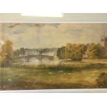 Nineteenth century watercolour, landscape looking to village across river & bridge, signed