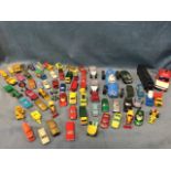 A collection of Matchbox, Husky, Corgi and other toy cars and vehicles, including US Army trucks,