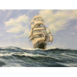 Robin Brooks, oil on canvas, nineteenth century tall ship in choppy seas titled The Ariel,