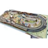 A large 8ft doublo trainset layout, the rectangular tabletop platform with houses, tunnels, figures,