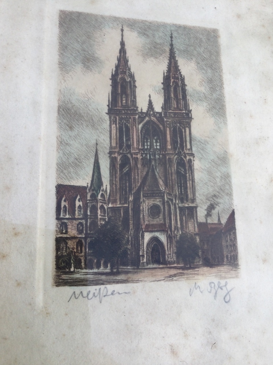 A European coloured etching of a church, signed & titled indistinctly in pencil on margin, framed; a - Bild 2 aus 3