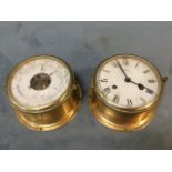 A German brass cased bulkhead type barometer and thermometer by Schatz, the dial under bevelled