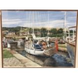 Jas Wallace, watercolour, boats on canal above locks, signed, mounted & framed. (16.5in x 13in)
