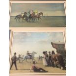 Alfred Munnings, coloured print of five horses at starting line in landscape, signed in print and